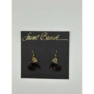 New VTG Laurel Burch Black Enamel Keshire Cat Dangle Earrings Gold Tone Artisan